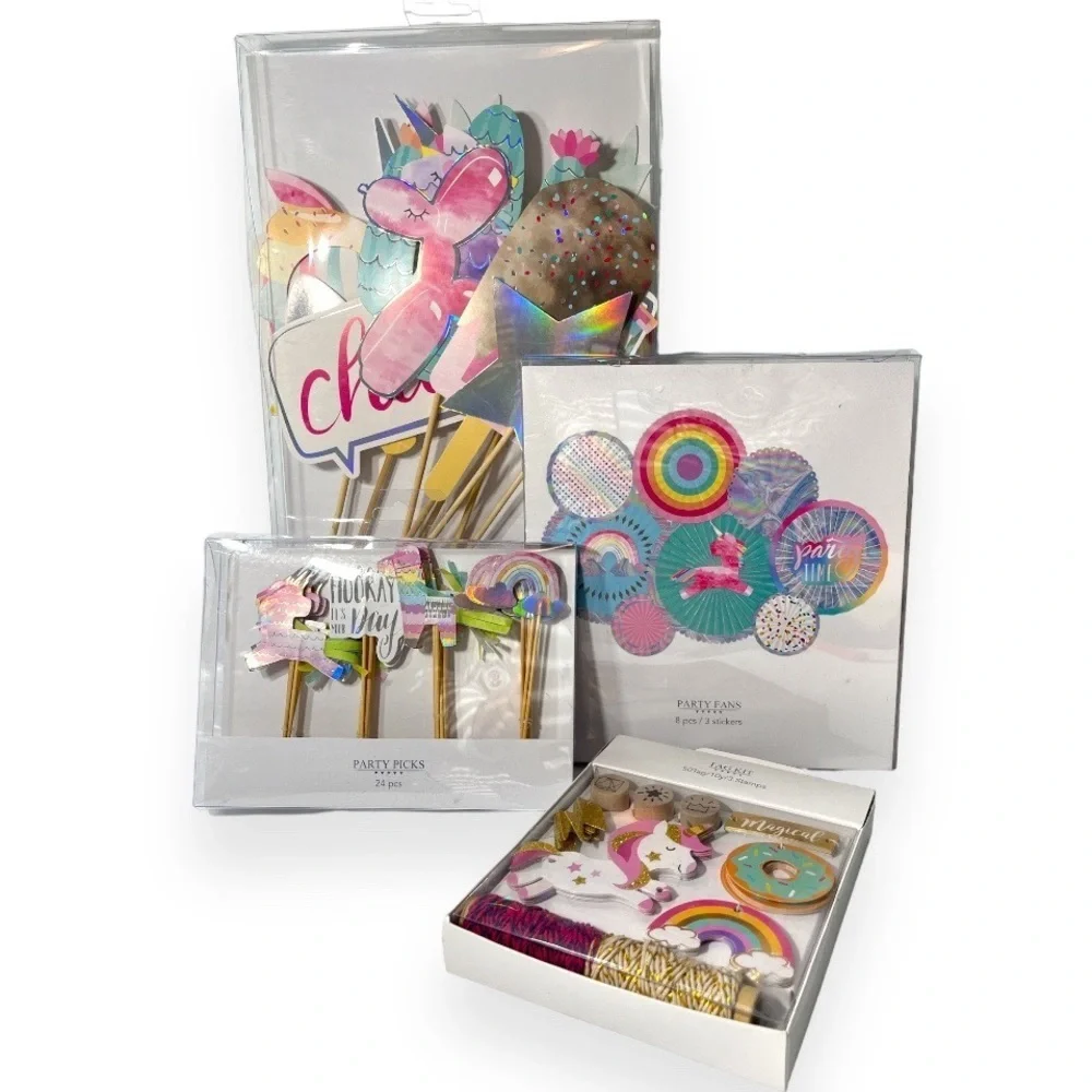 Pastel‎ Unicorn Party Decorations Picks Fans Photo Booth Tag Kit Stickers Stamp